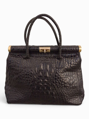Italian Black Croc-Embossed Leather Satchel w/ Gold Hardware & Crossbody
